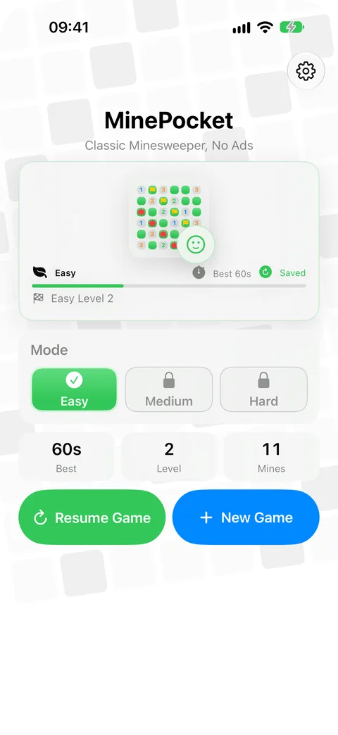 MinePocket home screen showing Easy Level 2, a best time of 60 seconds, a Saved badge, and Resume Game and New Game buttons