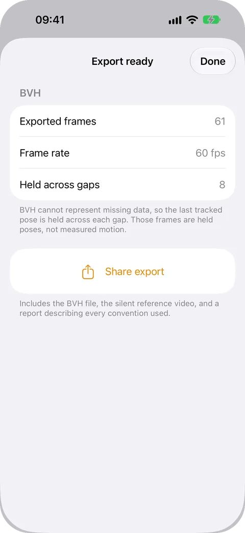 MotionForge Export ready sheet on iPhone: 61 exported frames, frame rate 60 fps, 8 held across gaps, a note that held frames are held poses and not measured motion, and a Share export button