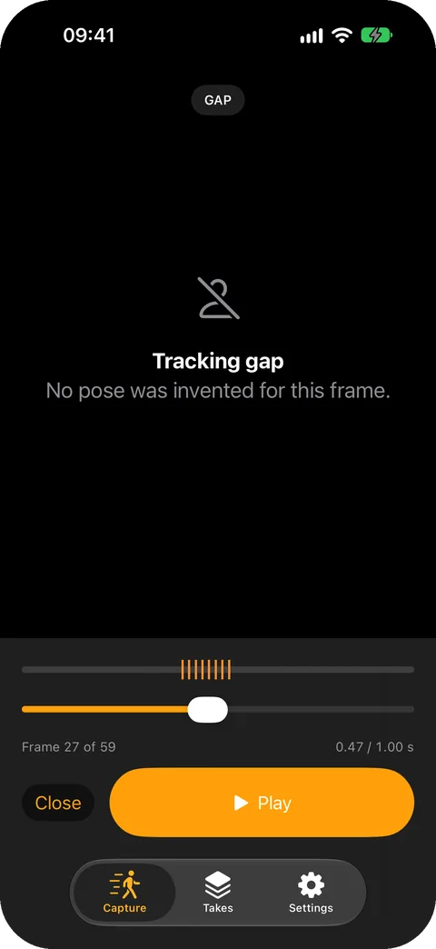 MotionForge playback on iPhone at frame 27 of 59: no skeleton, a Gap label, and the words Tracking gap, No pose was invented for this frame