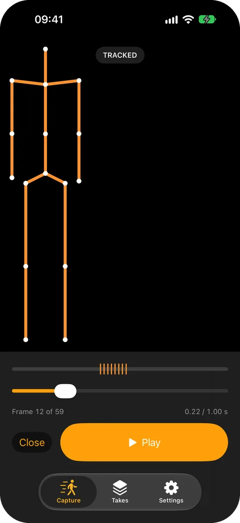 MotionForge playback on iPhone: an orange skeleton with white joints on a black stage, a Tracked label, a timeline with eight gap marks, Frame 12 of 59 at 0.22 of 1.00 seconds, and Play and Close buttons