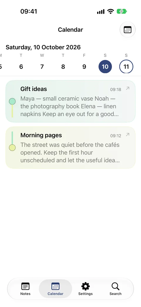 Crafted Calendar tab on iPhone: a strip of days with Saturday 10 October selected, and the two notes written that day, Gift ideas and Morning pages, with their times