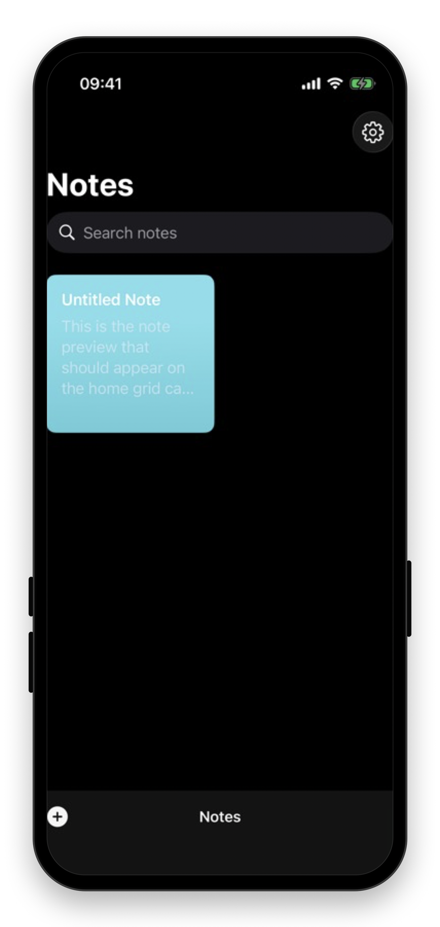 Crafted showing a searchable notes grid with a color-coded note card on iPhone