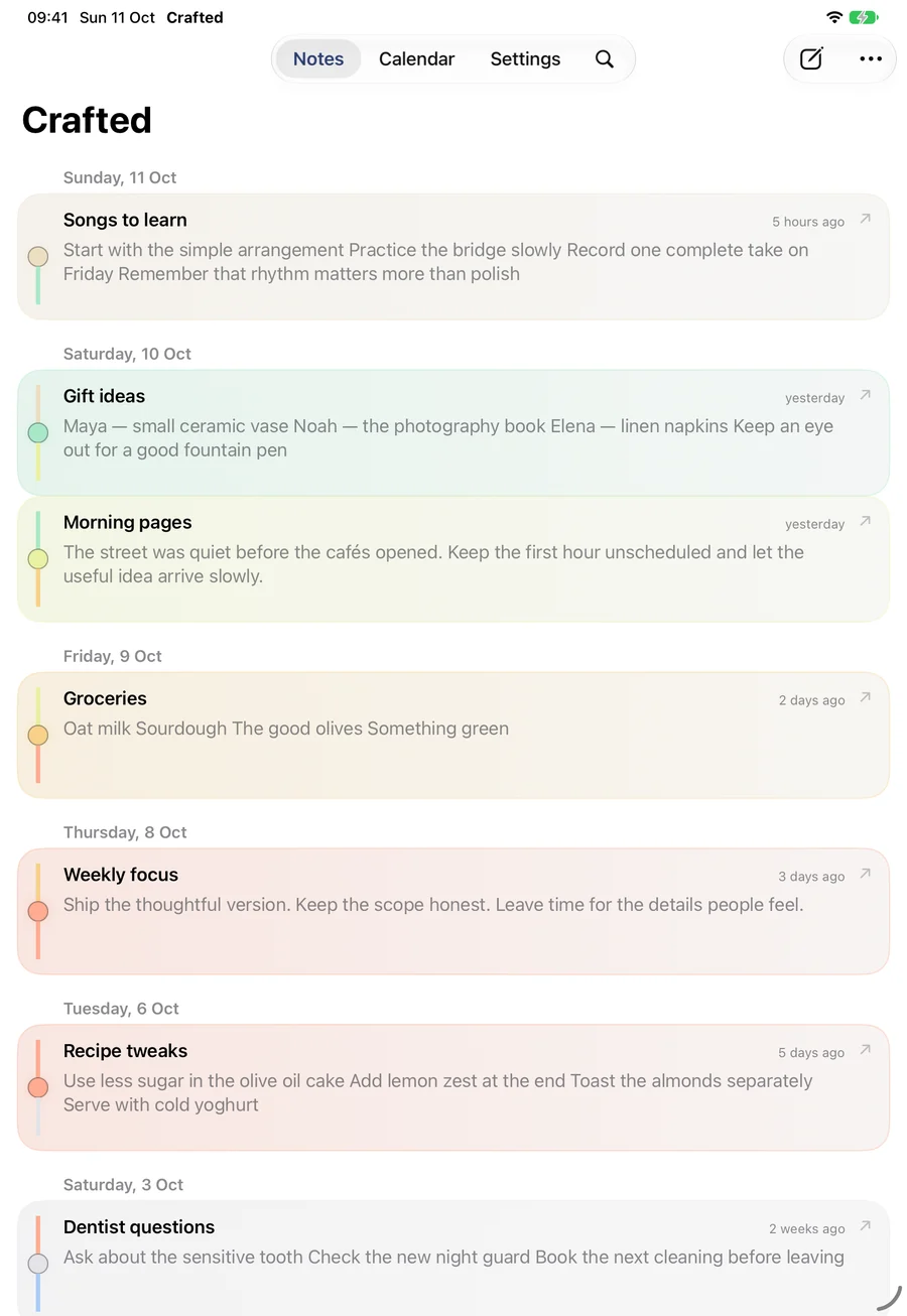 Crafted pre-release build on iPad: the Color Thread across the full width, with Notes, Calendar, Settings and search in a bar at the top and seven notes from Sunday 11 October back to Saturday 3 October