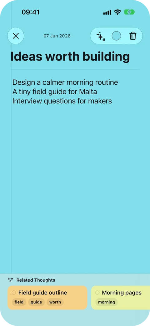 Crafted pre-release build on iPhone: the sample note Ideas worth building open on Aqua paper, three lines long, with Related Thoughts beneath it showing Field guide outline with the words field, guide and worth, and Morning pages with the word morning
