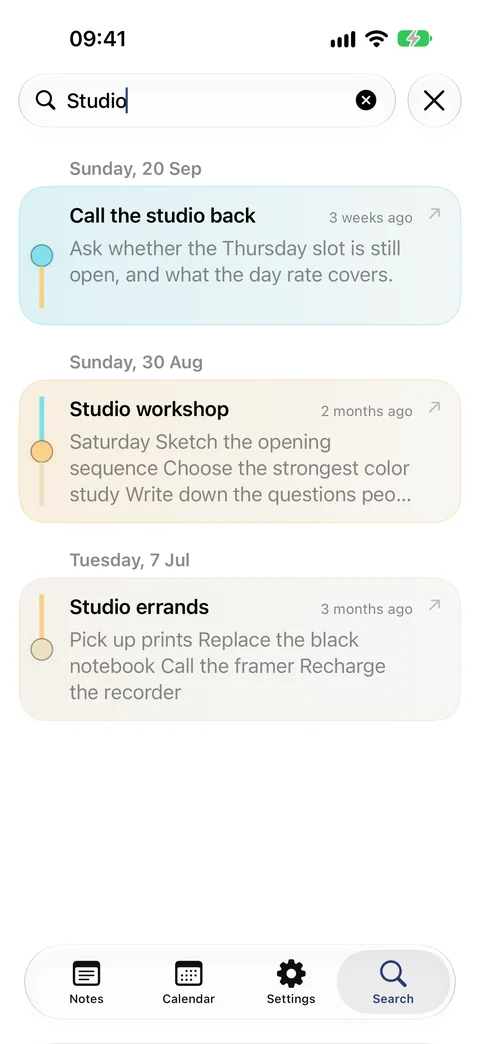 Crafted Search tab on iPhone: the query Studio finds three notes, Call the studio back, Studio workshop and Studio errands, each on its day