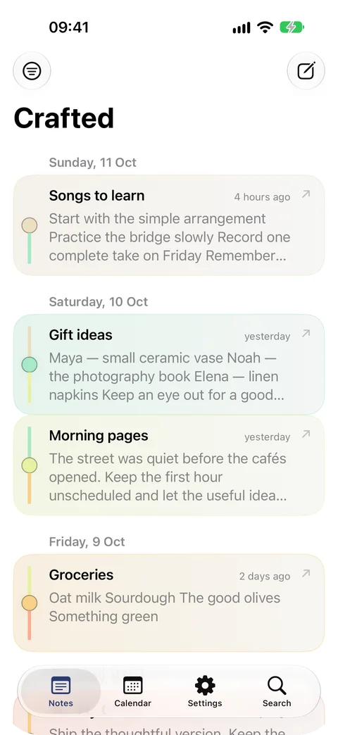 Crafted pre-release build on iPhone: the Color Thread, with notes grouped by day from Sunday 11 October back to Friday 9 October, each card tinted with its paper colour and joined by a coloured line