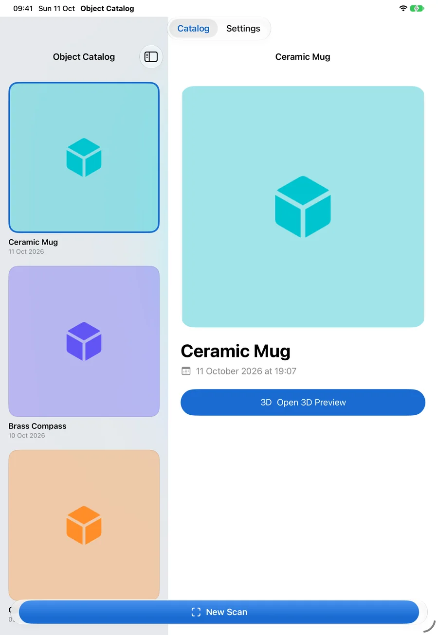 Object Catalog pre-release build on iPad: the shelf of three sample records down the left side and the record for Ceramic Mug beside it, with its placeholder preview, capture date and an Open 3D Preview button, above a New Scan button