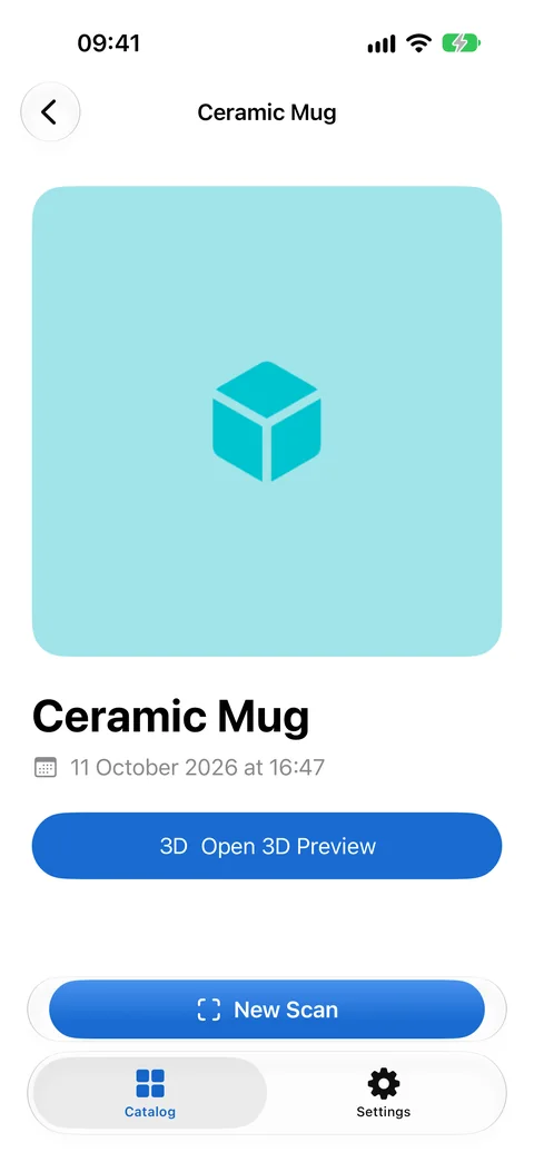 Object Catalog pre-release build on iPhone: the record for Ceramic Mug with a placeholder preview, the capture date and time, and an Open 3D Preview button