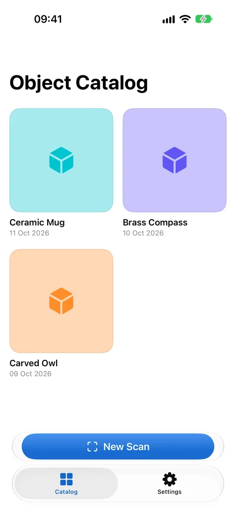 Object Catalog pre-release build on iPhone: a shelf of three sample records named Ceramic Mug, Brass Compass and Carved Owl, each a coloured placeholder tile with its date, above a New Scan button