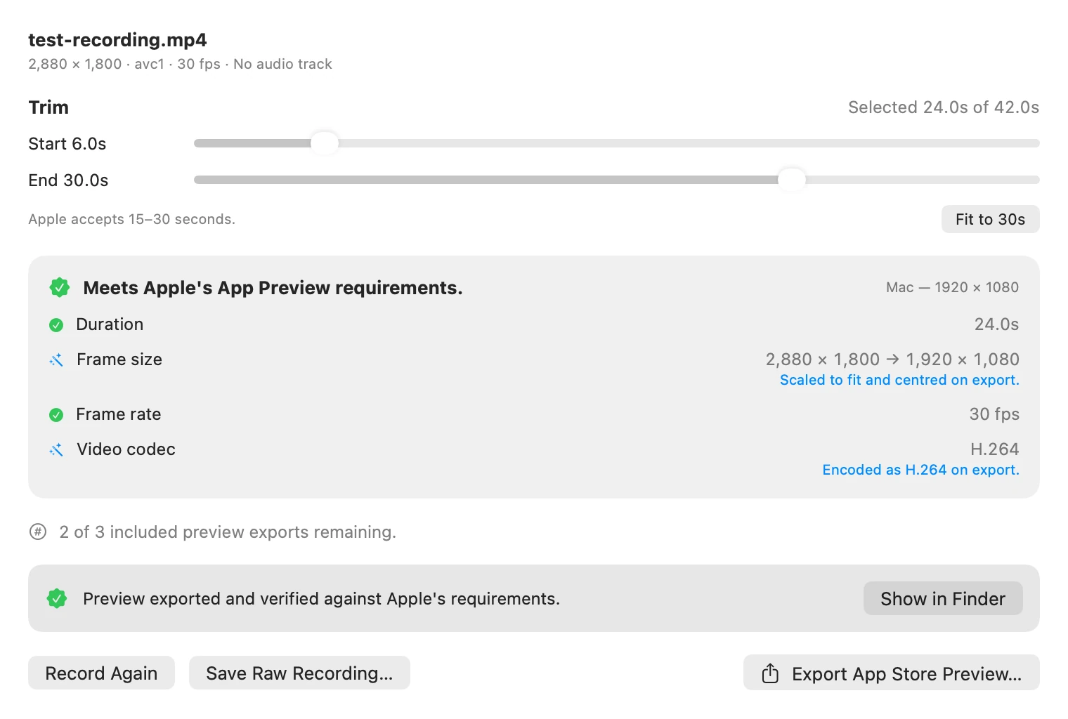 PreviewCraft’s requirement list for a test recording: Meets Apple’s App Preview requirements, Mac 1920 by 1080, with the duration and frame rate passing and the frame size and codec to be corrected on export. On wide screens the editor’s other controls are shown too: a trim of 24.0 of 42.0 seconds, 2 of 3 included exports remaining, and the notice Preview exported and verified against Apple’s requirements