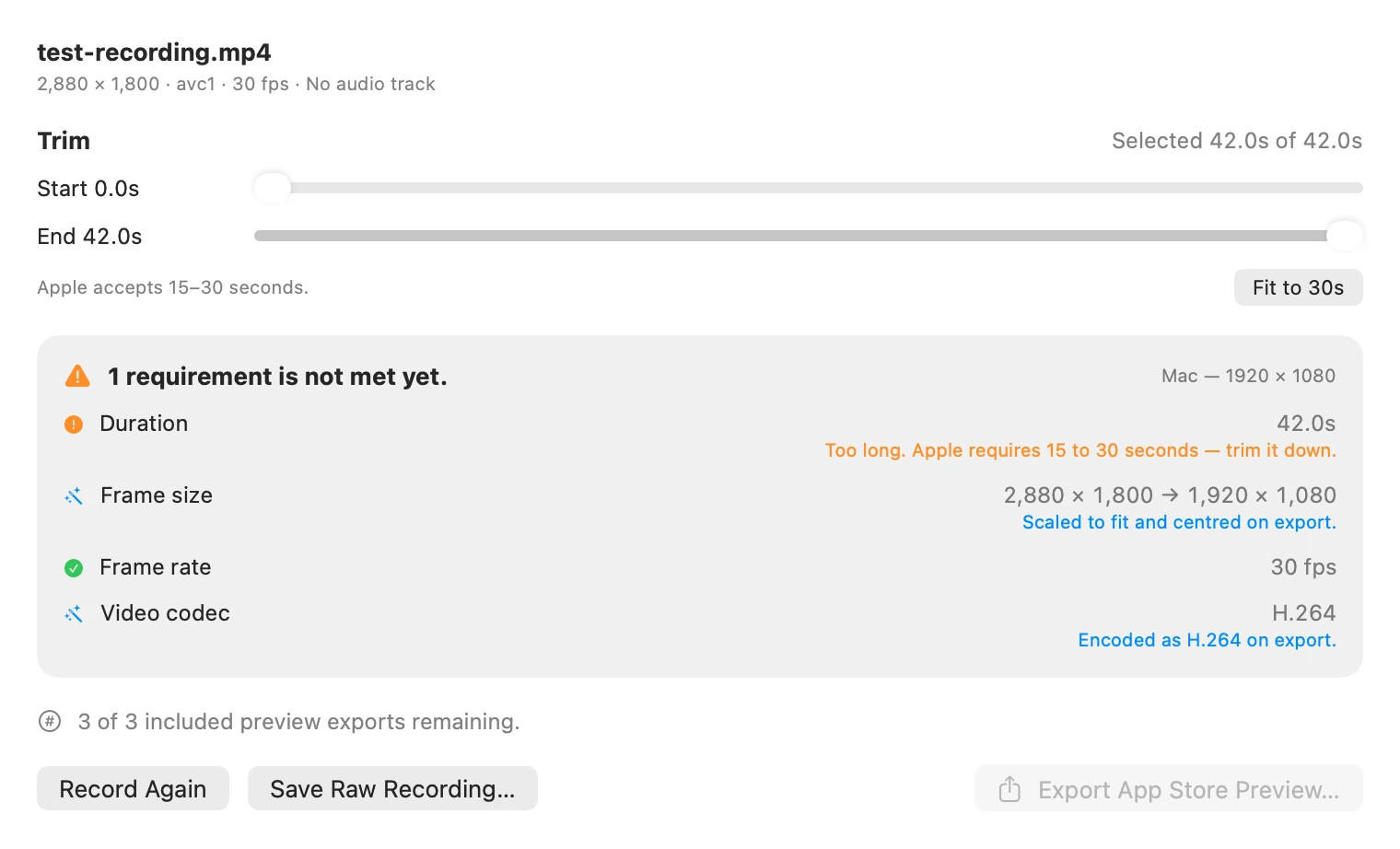 PreviewCraft’s requirement list with the whole 42-second test recording selected: 1 requirement is not met yet. Duration 42.0 seconds, too long, Apple requires 15 to 30 seconds, trim it down. On wide screens the editor’s other controls are shown too, with the Export App Store Preview button disabled
