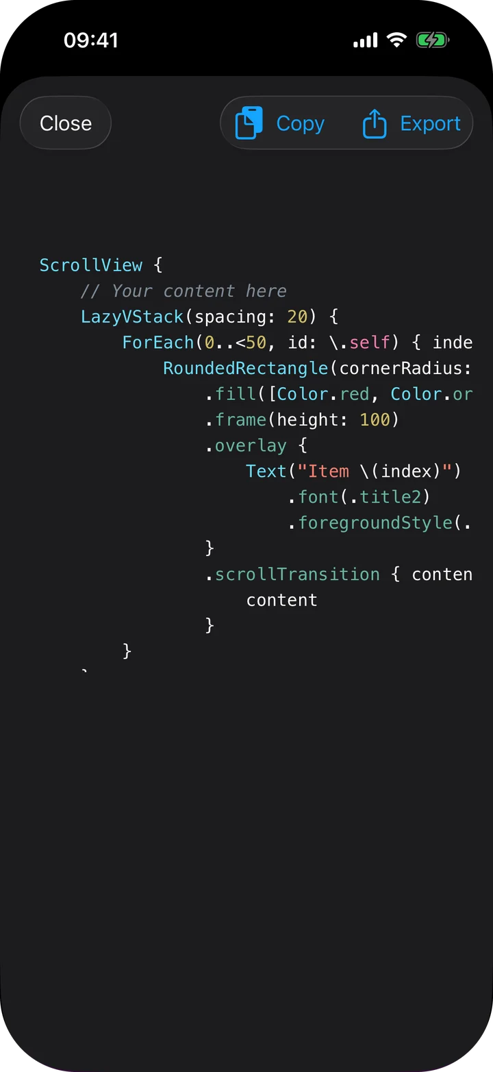 ScrollCraft’s generated code on iPhone: a SwiftUI ScrollView with a scrollTransition, under Close, Copy and Export buttons