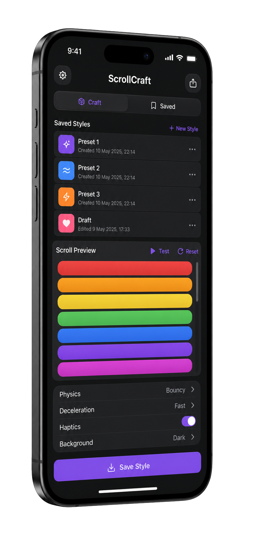 ScrollCraft showing saved scroll style presets and colorful scroll preview bars