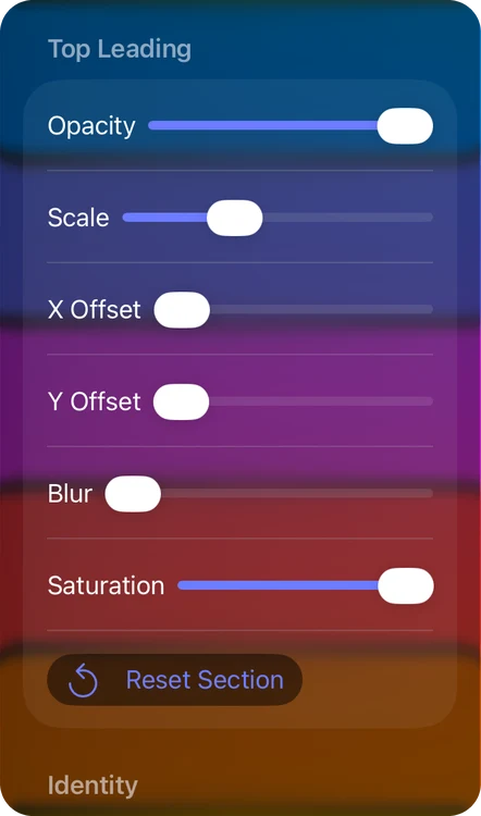 ScrollCraft’s Top Leading sliders on iPad: Opacity, Scale, X Offset, Y Offset, Blur and Saturation, a Reset Section button, and the start of the Identity group