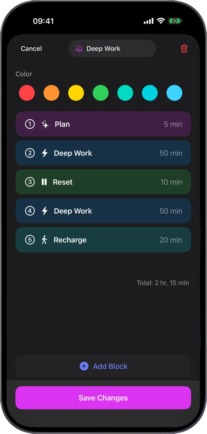 Editing the Deep Work flow: Plan 5 minutes, Deep Work 50, Reset 10, Deep Work 50 and Recharge 20, totaling 2 hours 15 minutes