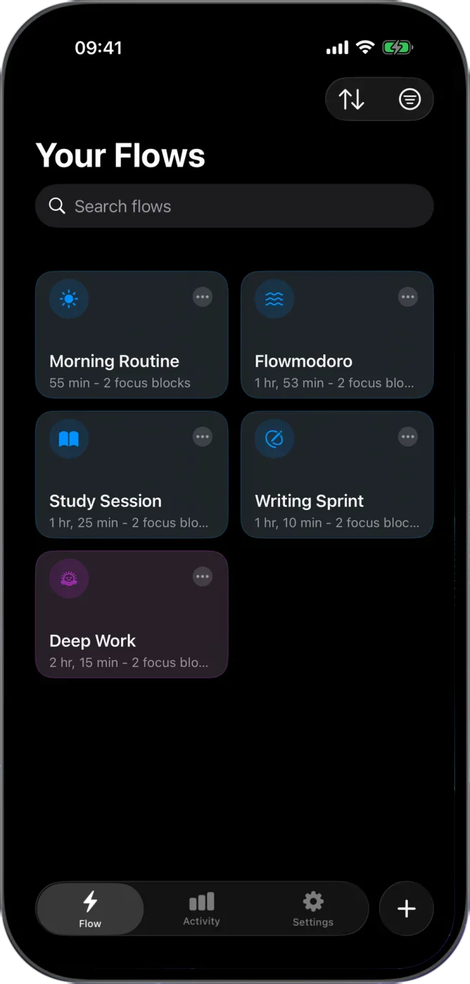 Your Flows library in Flow: Morning Routine, Flowmodoro, Study Session, Writing Sprint and Deep Work