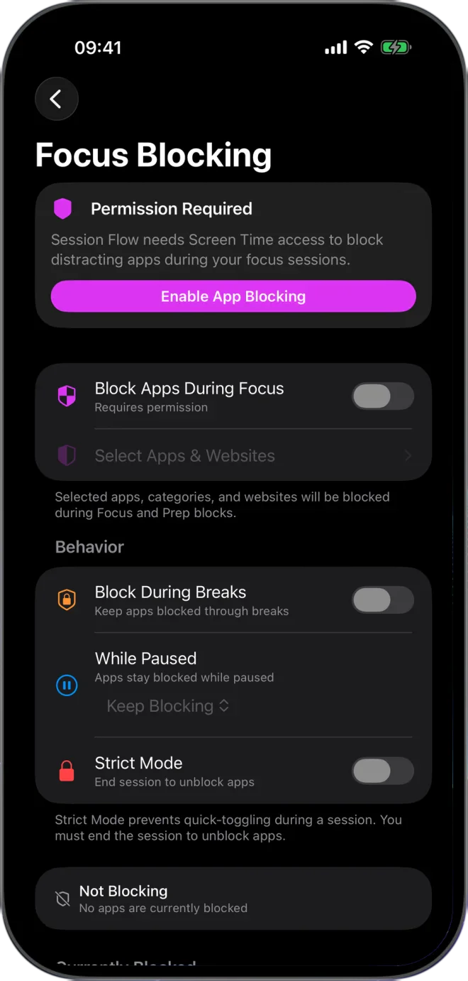 Focus Blocking settings in Flow: block apps during focus, block during breaks, while paused, and Strict Mode
