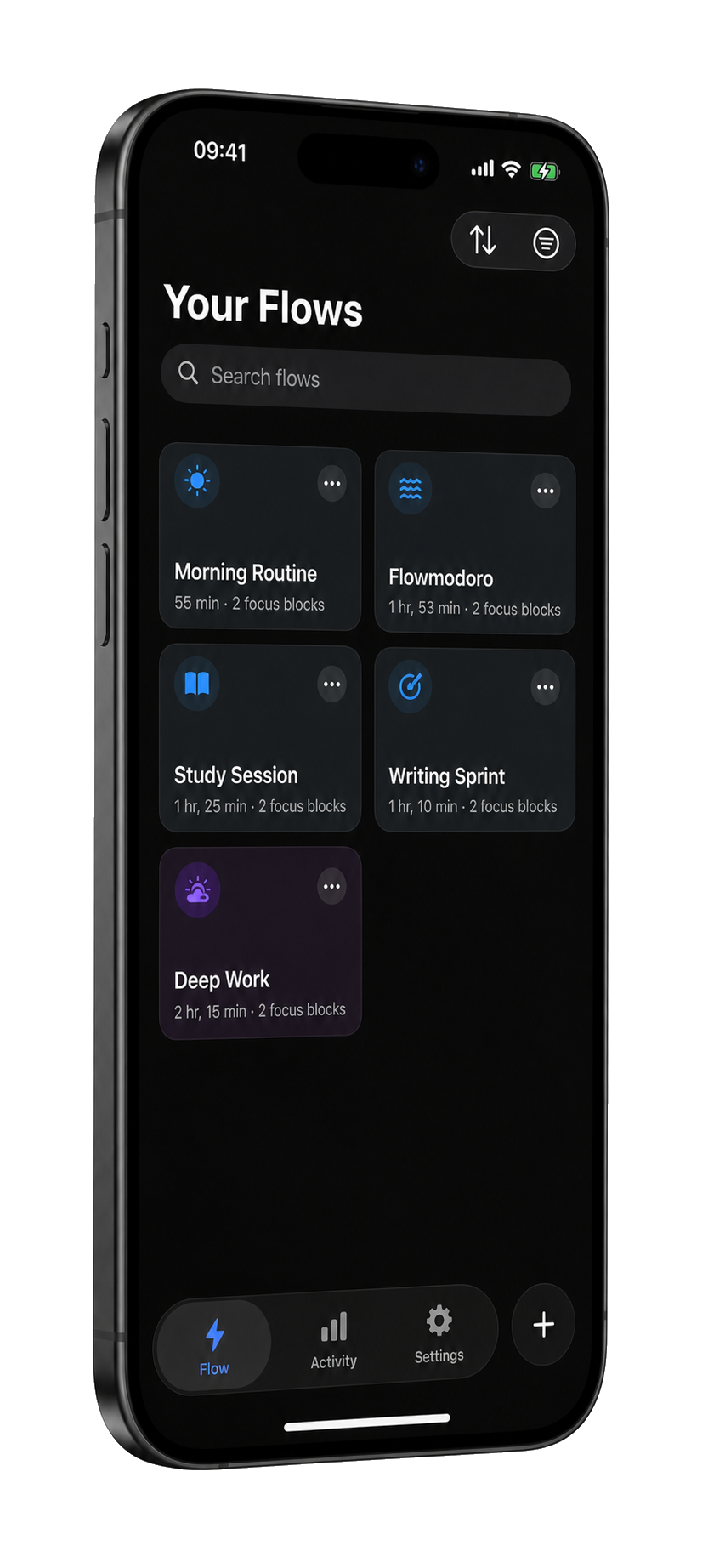 SessionFlow showing a library of focus flows with search and quick-start controls on iPhone