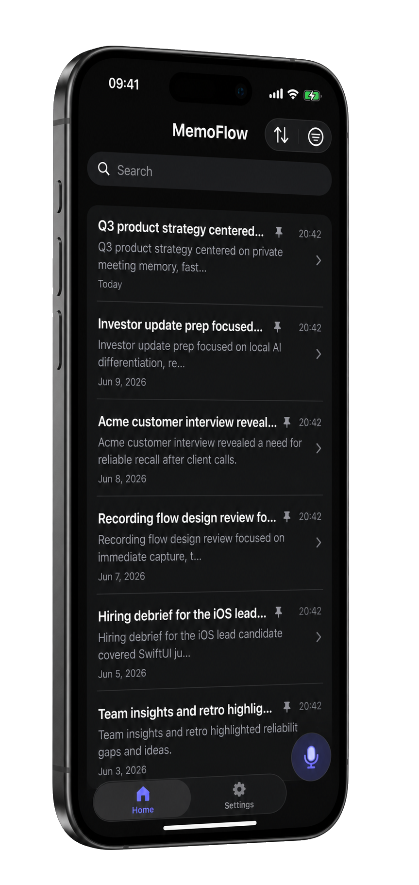 MemoFlow showing searchable private meeting summaries and a microphone capture action on iPhone