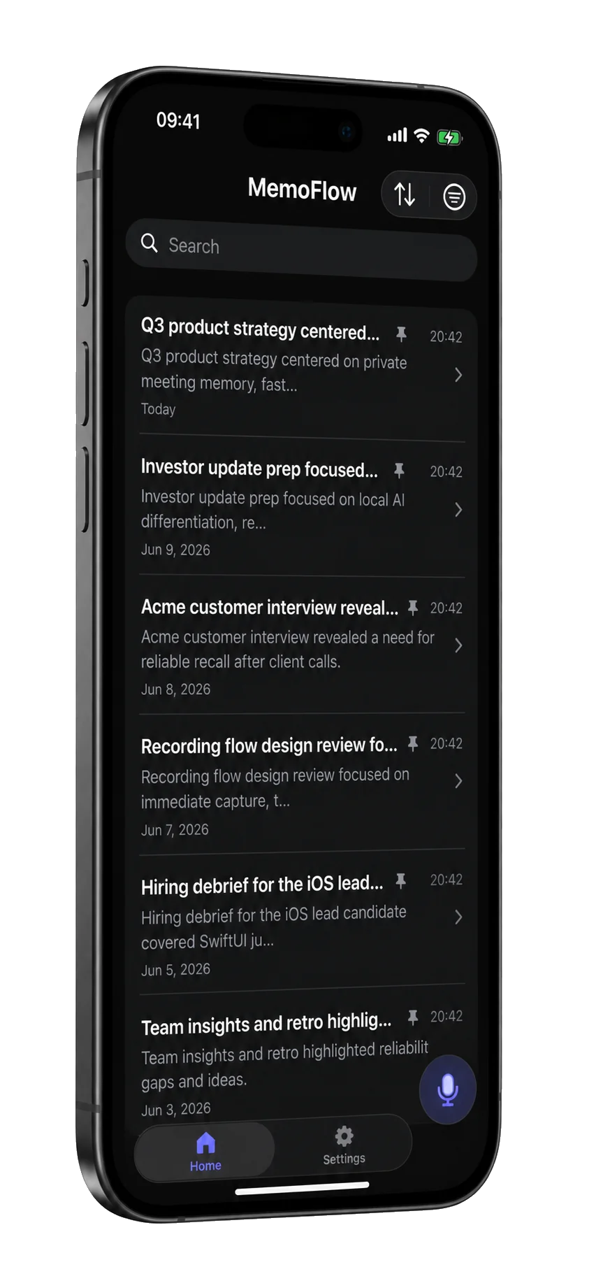 MemoFlow showing a timed audio transcript and note workspace on iPhone