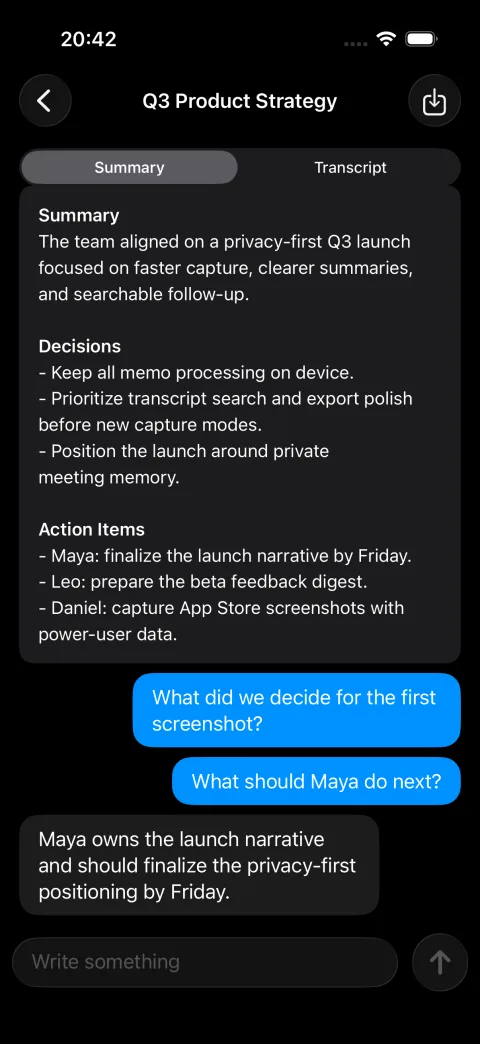 Complete MemoFlow demonstration summary and conversation screen in an illustrative iPhone frame