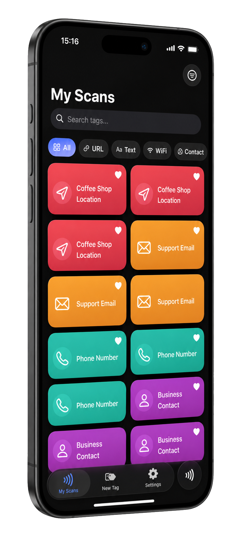 Smart NFC showing searchable scan filters and colorful NFC tag cards on iPhone