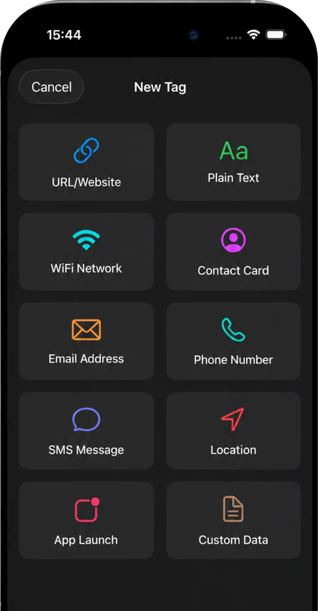 Smart NFC New Tag screen offering URL/Website, Plain Text, WiFi Network, Contact Card, Email Address, Phone Number, SMS Message, Location, App Launch and Custom Data