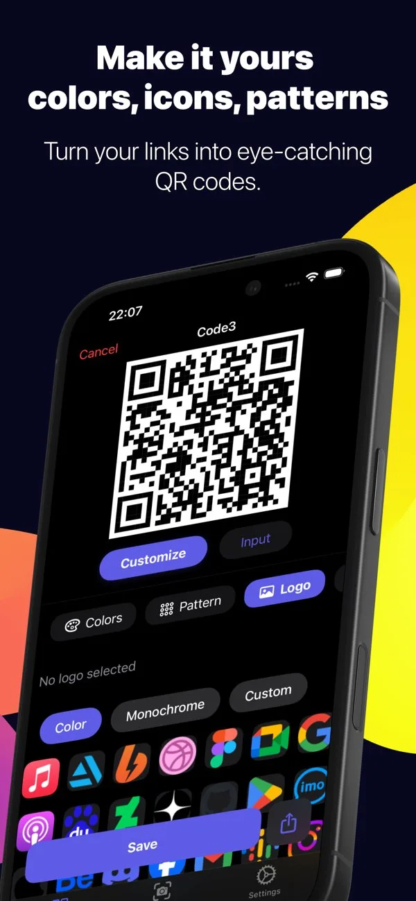 SmartQR customization screen with color, pattern, and logo controls