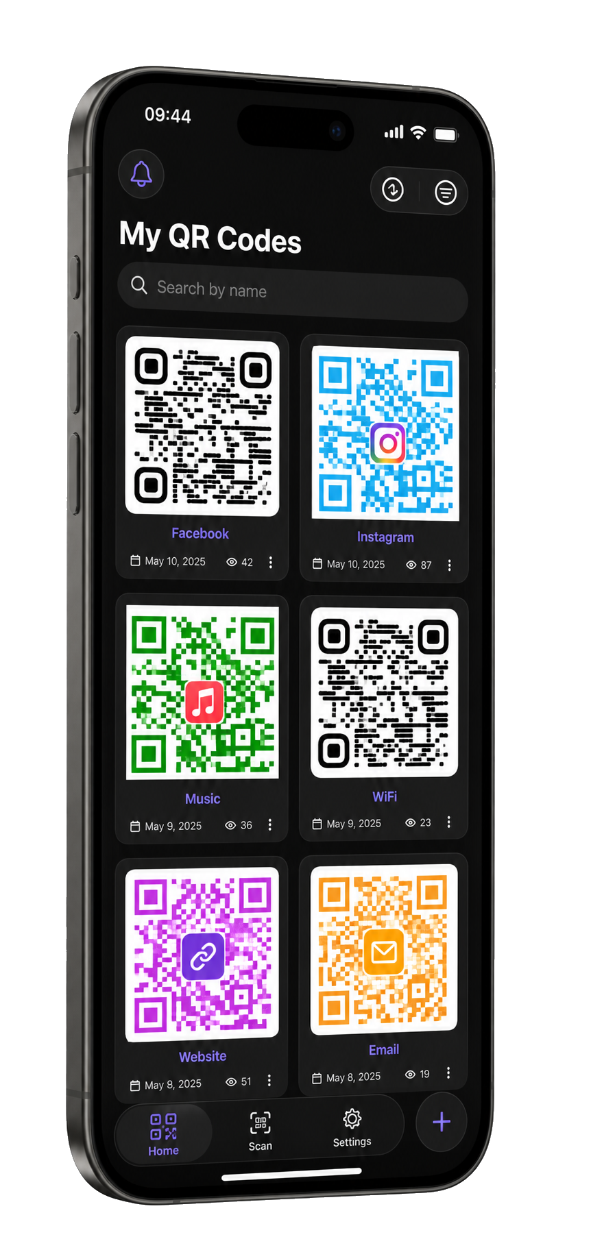 SmartQR showing a searchable grid of saved QR code cards on iPhone