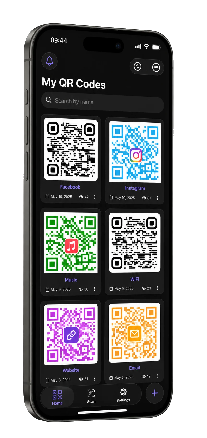 SmartQR library showing saved QR code cards on iPhone