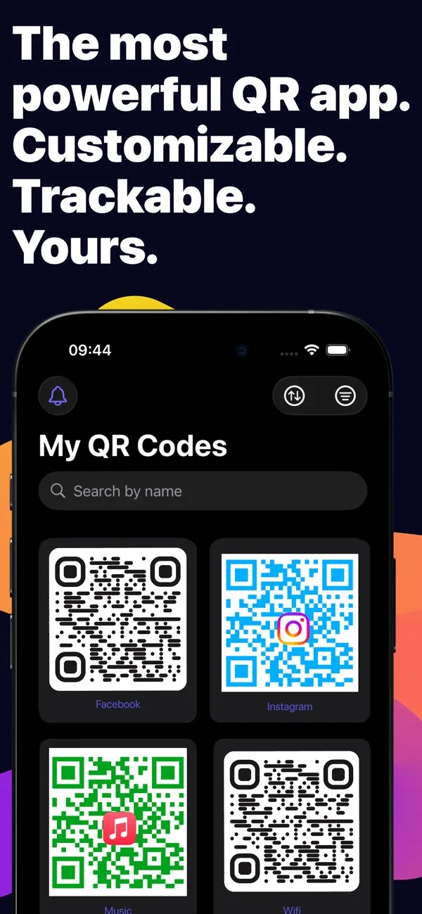 SmartQR library showing saved and searchable QR code cards