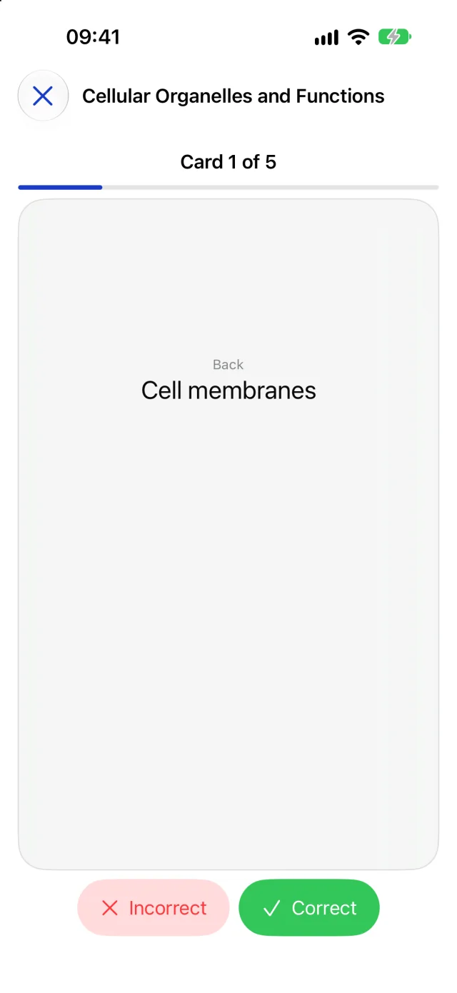Deckloom pre-release build on iPhone: the same card turned over. The back reads Cell membranes, and the Incorrect and Correct buttons are now active