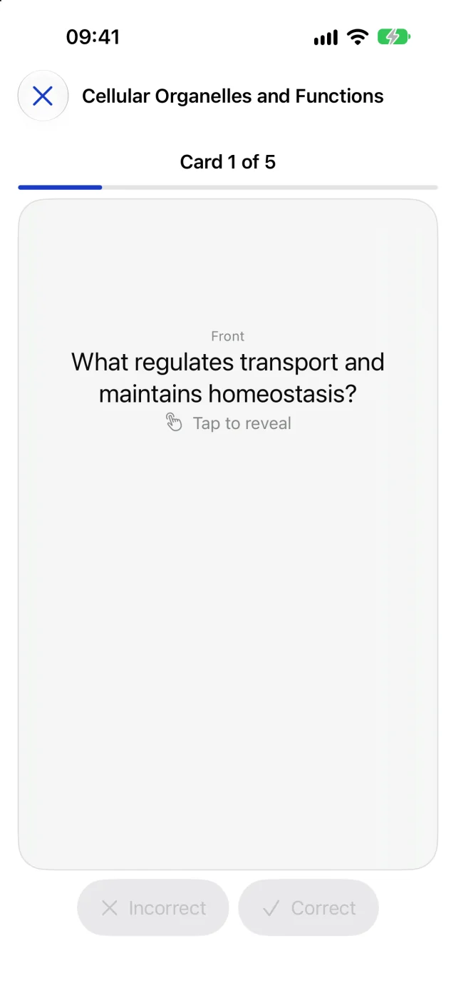 Deckloom pre-release build on iPhone: practice in the deck Cellular Organelles and Functions, Card 1 of 5. The front reads What regulates transport and maintains homeostasis? with Tap to reveal under it, and the Incorrect and Correct buttons are dimmed