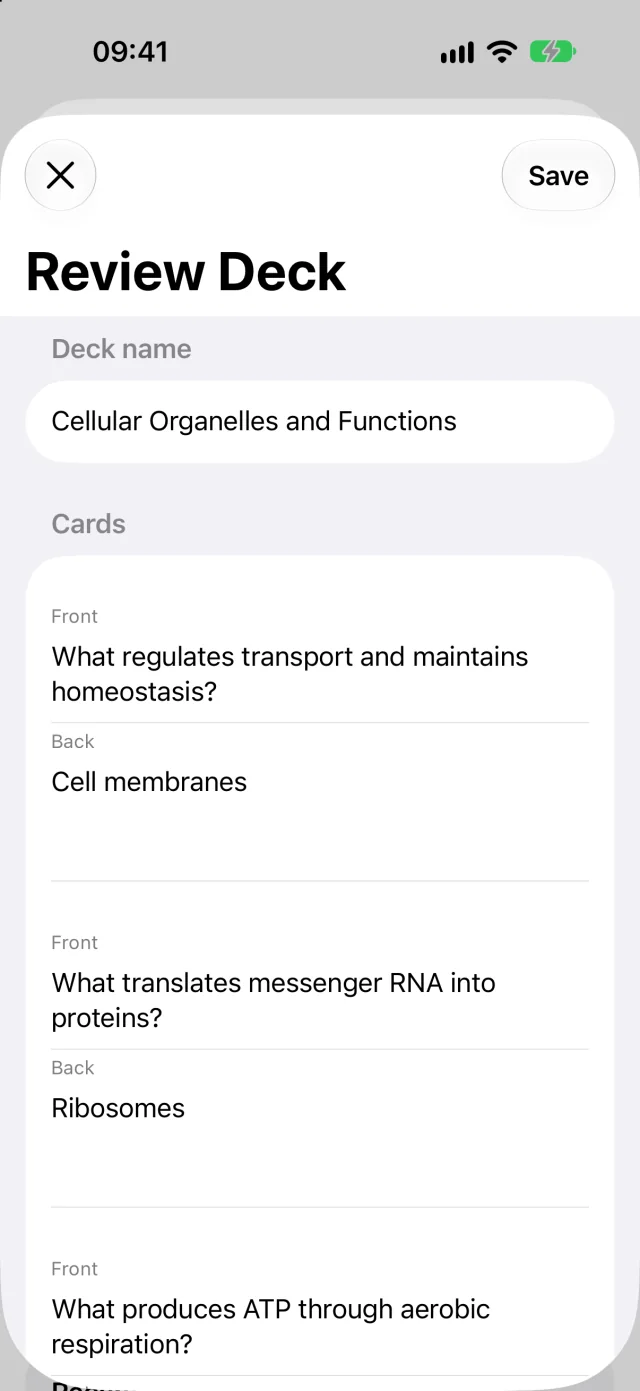 Deckloom pre-release build on iPhone: the Review Deck screen with the deck name Cellular Organelles and Functions and a Save button, above generated cards. The first has the front What regulates transport and maintains homeostasis? and the back Cell membranes; the second, What translates messenger RNA into proteins? and Ribosomes