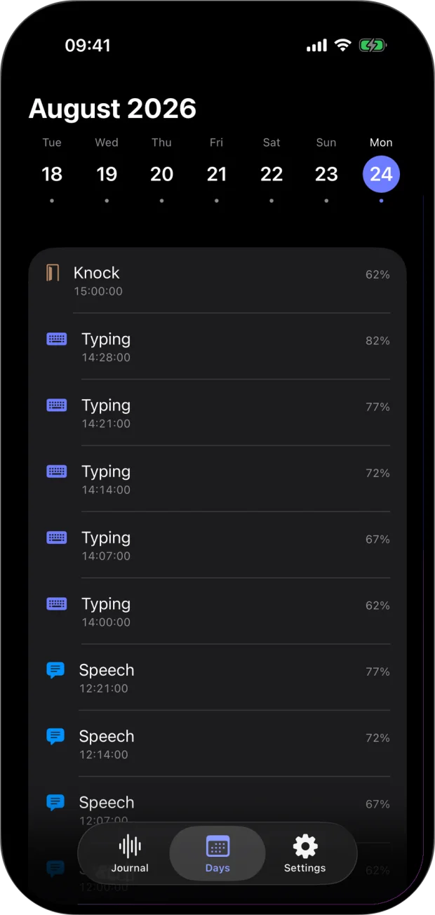 QuietTrace Days view for August 2026, listing Knock, Typing and Speech events with their times