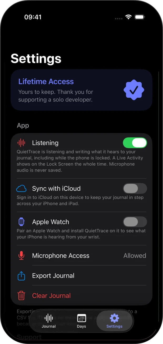 QuietTrace Settings with Lifetime Access active, the Listening switch on, and options for iCloud sync, Apple Watch, microphone access and journal export