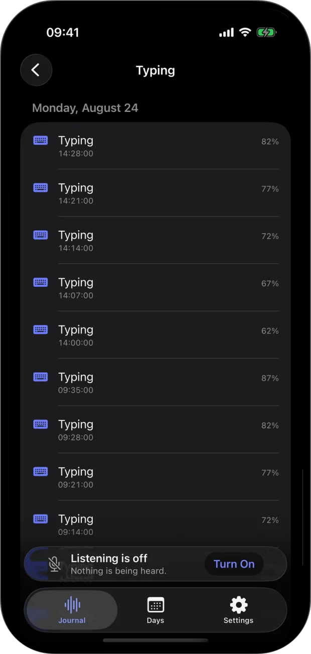 Every Typing event on Monday, August 24 in QuietTrace, each with a time and a confidence percentage