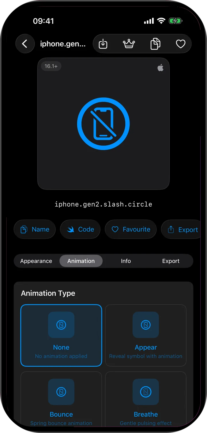 SymbolCraft Animation tab for iphone.gen2.slash.circle, offering None, Appear, Bounce and Breathe effects