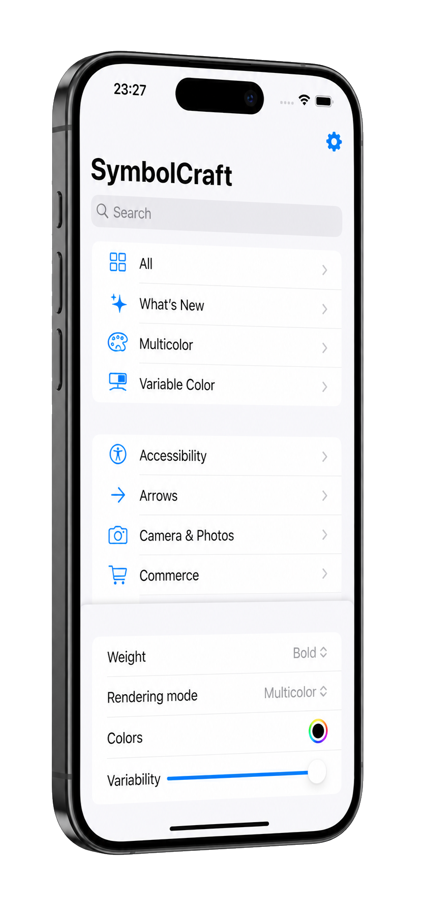 SymbolCraft showing SF Symbol categories and rendering controls on iPhone