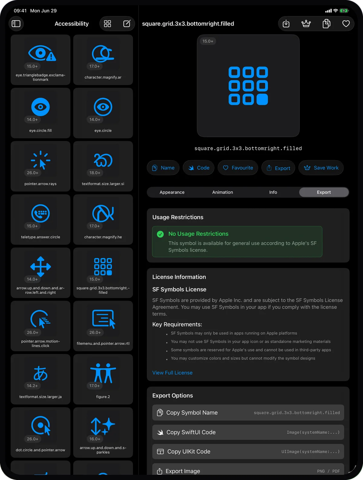 SymbolCraft on iPad: the symbol grid beside the inspector’s Export tab, which shows no usage restrictions, the SF Symbols license notes and the actions Copy Symbol Name, Copy SwiftUI Code, Copy UIKit Code and Export Image as PNG or PDF