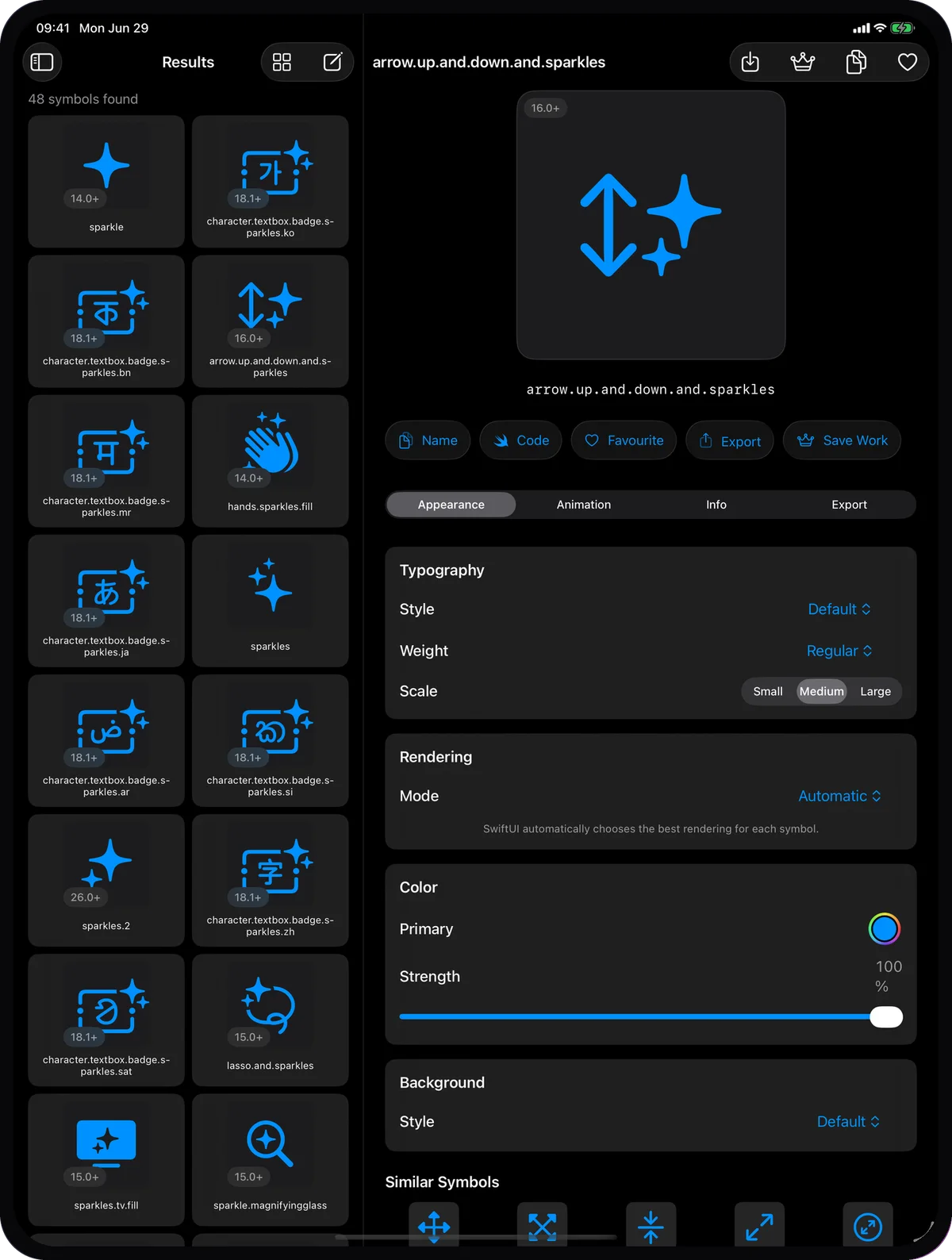 SymbolCraft search results: a grid of symbols with their names and badges for the first iOS version; on iPad the inspector sits beside the grid