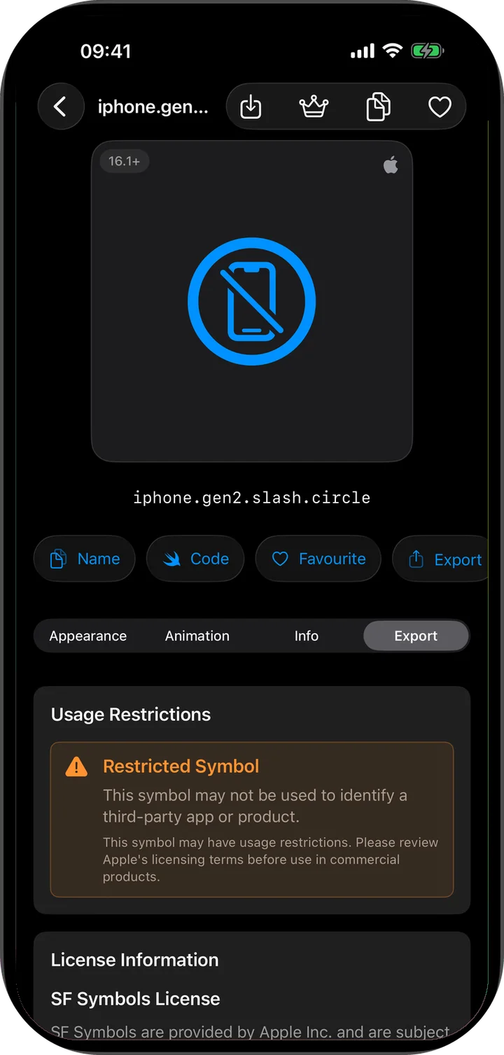 SymbolCraft Export tab warning that this is a restricted symbol which may not be used to identify a third-party app or product, with SF Symbols license information