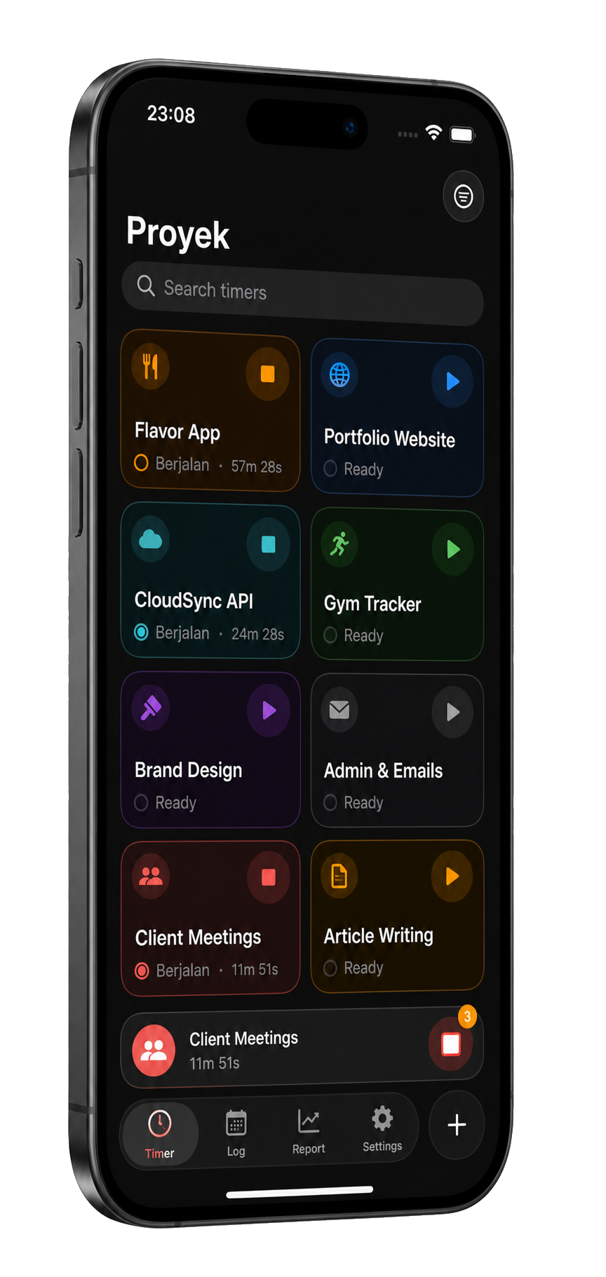 Tempo showing project timer cards with running and ready states on iPhone