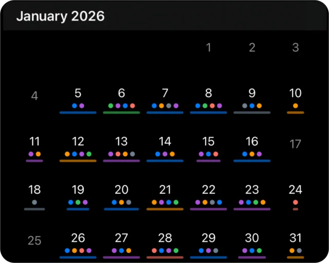 Tempo calendar for January 2026 with colored dots marking each day’s projects