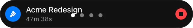 Tempo’s running-timer bar: Acme Redesign, 47 minutes 38 seconds, with a stop button