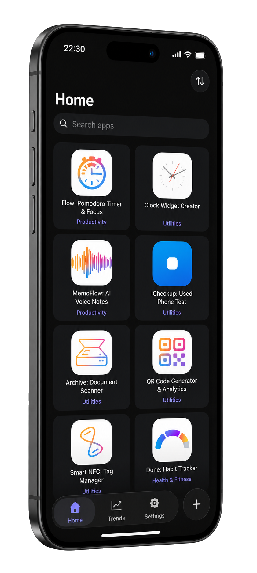 Crafter Console Trends showing a searchable portfolio grid of app icons on iPhone