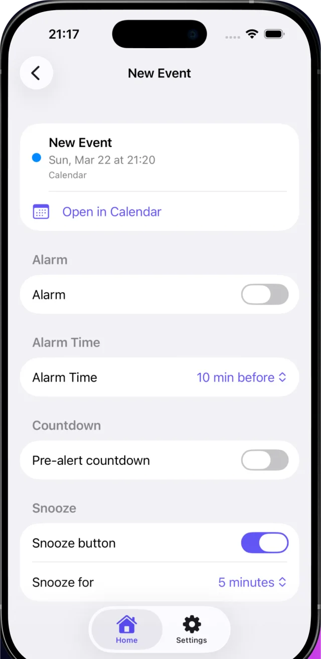 Alarm settings for one event: alarm time 10 minutes before, optional pre-alert countdown, snooze for 5 minutes