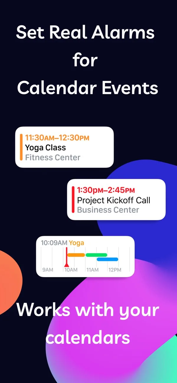 Calendar events and a timeline used to choose an event for an Unmissable alarm