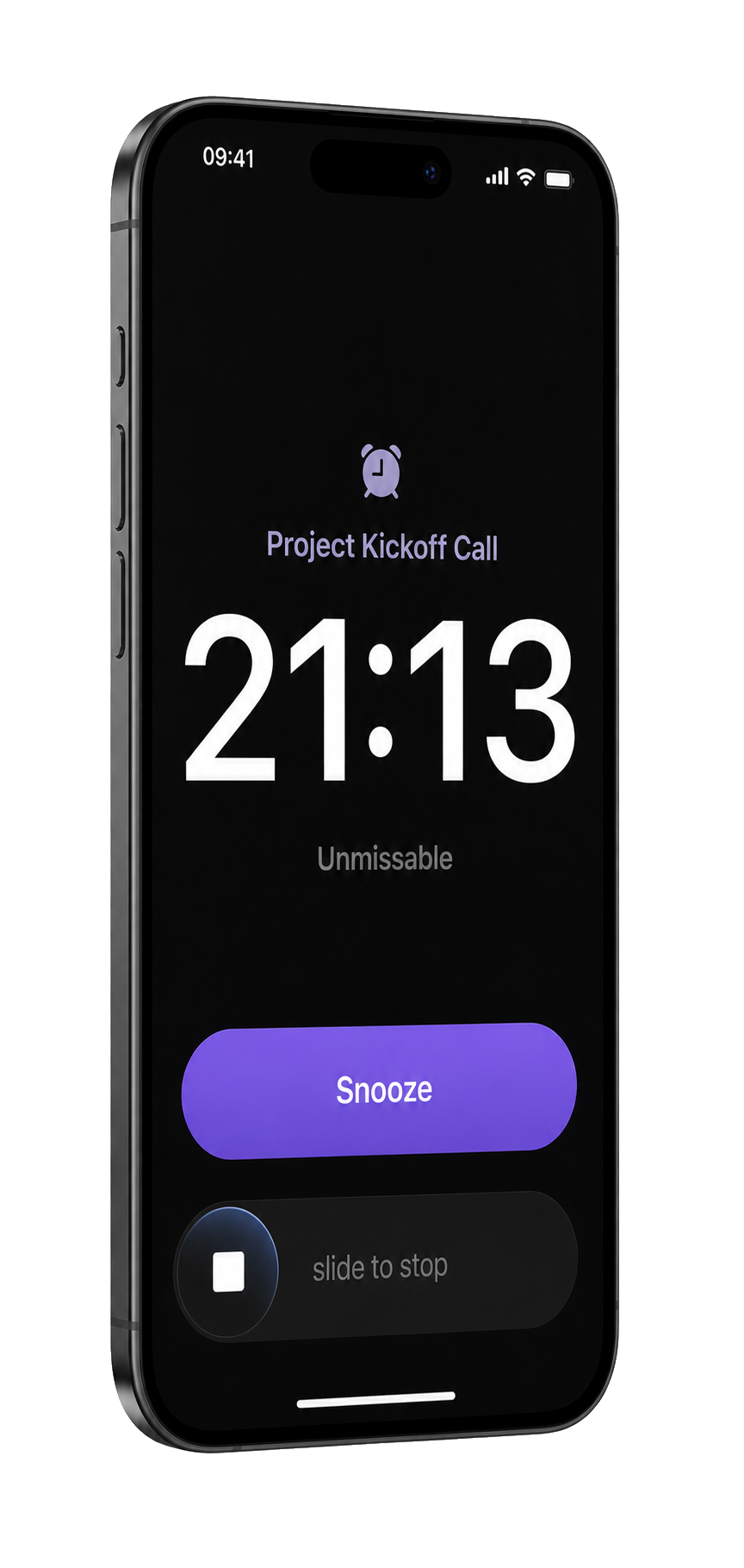 Unmissable showing a critical calendar alarm with snooze and slide-to-stop controls on iPhone