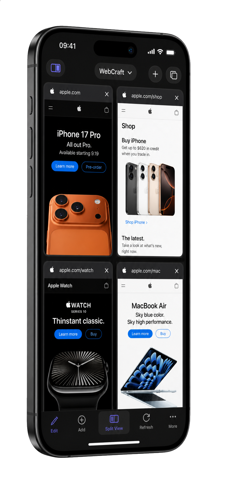 WebCraft showing multiple live browser panes in a grid on iPhone